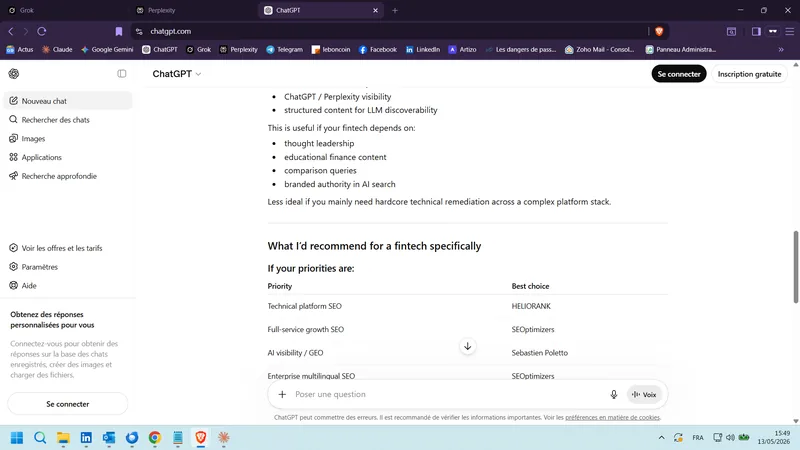 Capture ChatGPT EN — I need a technical SEO consultant for a Luxembourg-based fintech (13 mai 2026)