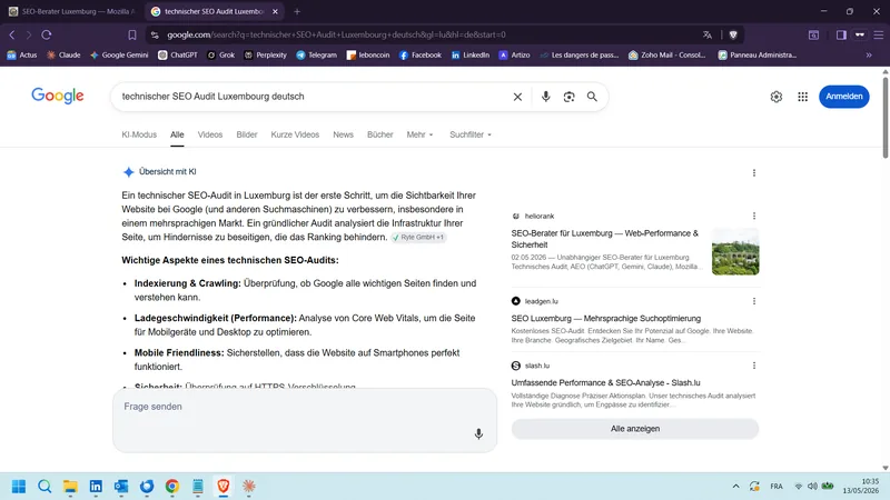 Capture Übersicht mit KI DE — technischer SEO Audit Luxembourg deutsch (13 mai 2026)