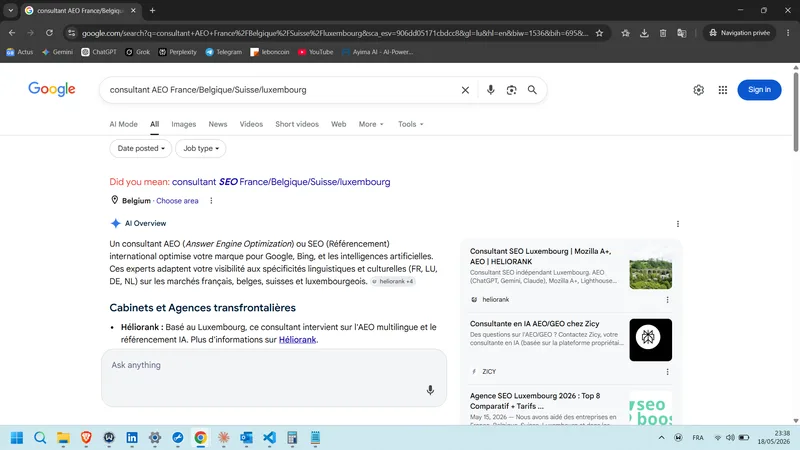 Capture Aperçu IA Google FR — consultant AEO France/Belgique/Suisse/luxembourg (18 mai 2026)