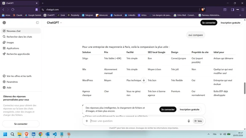 ChatGPT FR Pour une entreprise de maçonnerie à Paris (comparaison plateformes) 19 mai 2026