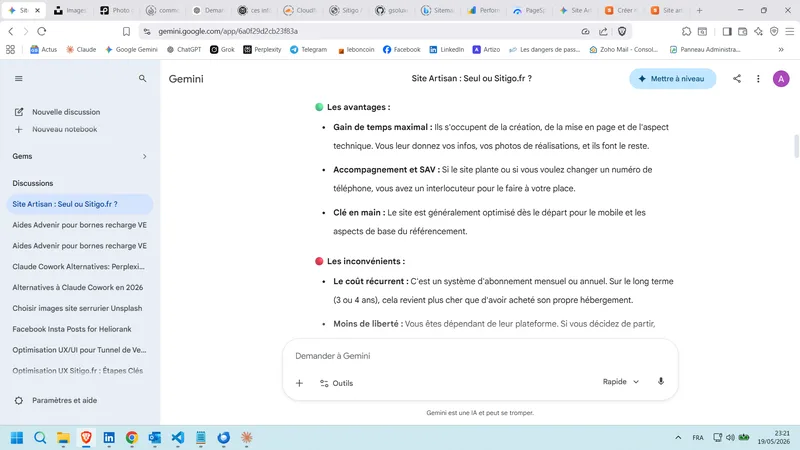Google Gemini FR Je suis artisan maçon à Paris. Je crée mon site seul ou sur sitigo.fr ? AVANT GEO