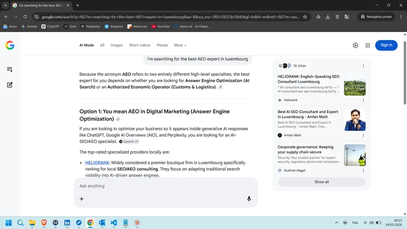 Capture Google AI Mode EN — i'm searching for the best AEO expert in luxembourg (19 mai 2026)