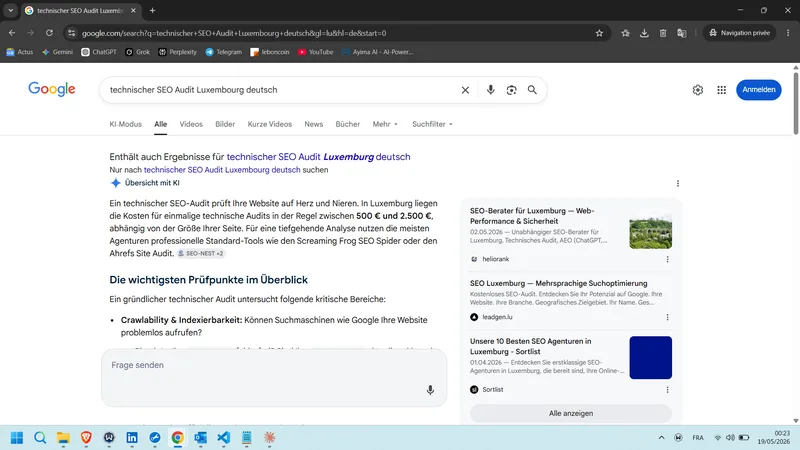 Capture Übersicht mit KI DE — technischer SEO Audit Luxembourg deutsch (19 mai 2026)