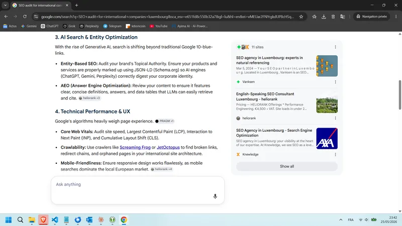 Capture Aperçu IA Google EN — SEO audit for international companies luxembourg : Heliorank cité sur « AEO » et « Mobile-Friendliness » (25 mai 2026)