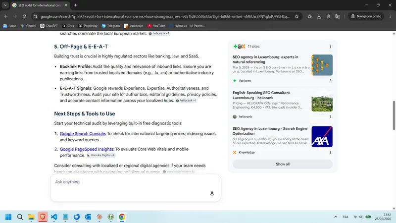 Capture Aperçu IA Google EN — SEO audit for international companies luxembourg : Heliorank cité sur « E-E-A-T Signals » (25 mai 2026)