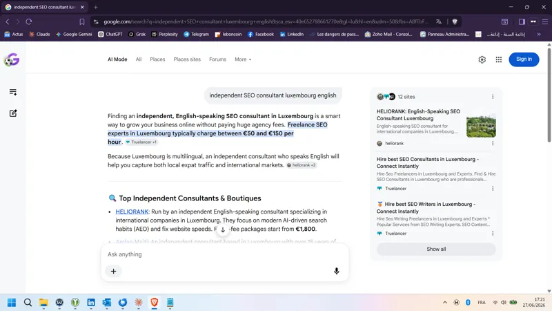 Capture Google AI Overview EN — independent SEO consultant luxembourg english (27 juin 2026)