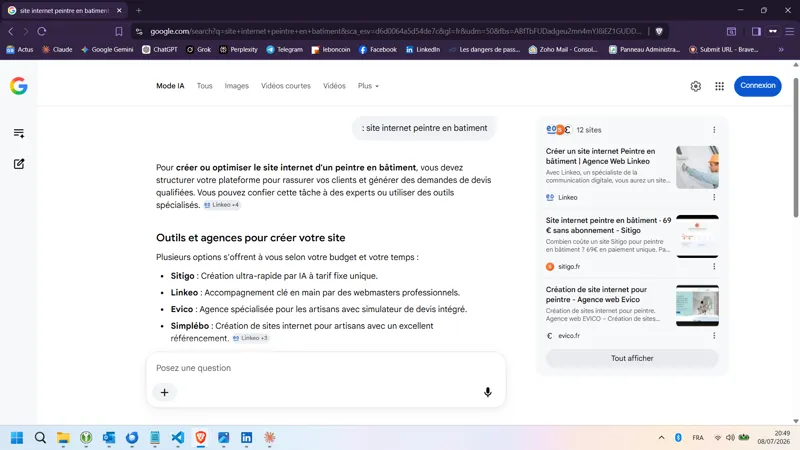 Google AI Overview FR site internet peintre en batiment 8 juillet 2026