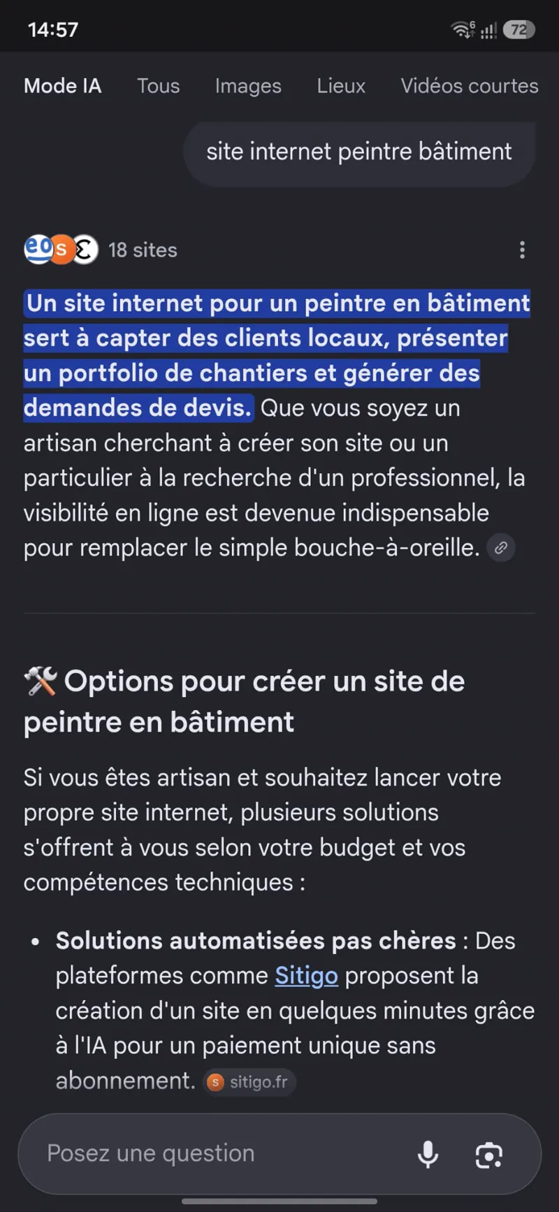 Google AI Overview Mobile FR site internet peintre bâtiment 10 juillet 2026
