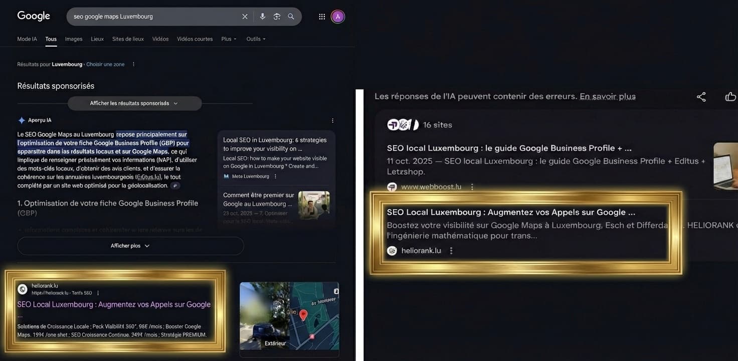 Capture d'écran Google : HelioRank N°1 et cité par l'IA